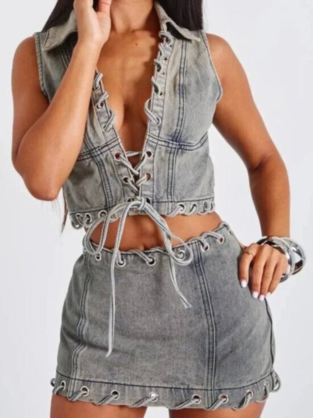 NWT Vintage Denim Lace Up Halterneck Top